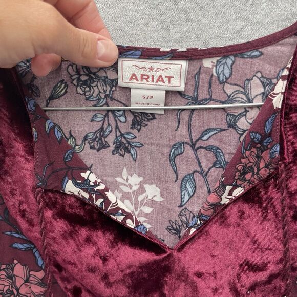Ariat Roulette Top Womens Small Maroon Long Sleeve Rayon Floral Bohemian Tassels - Picture 3 of 6